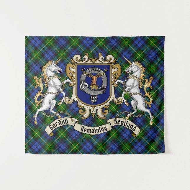 Gordon Clan Badge & Unicorns w/Tartan Tapestry (Front (Horizontal))