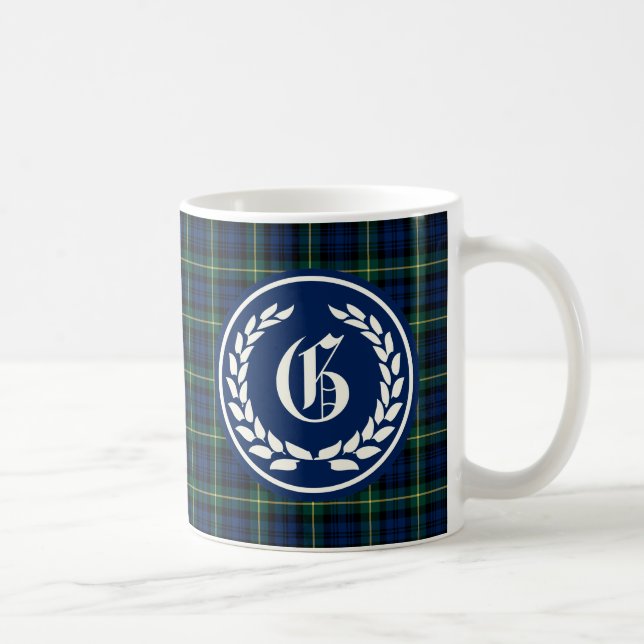 Gordon Clan Blue and Green Tartan Monogram Coffee Mug (Right)