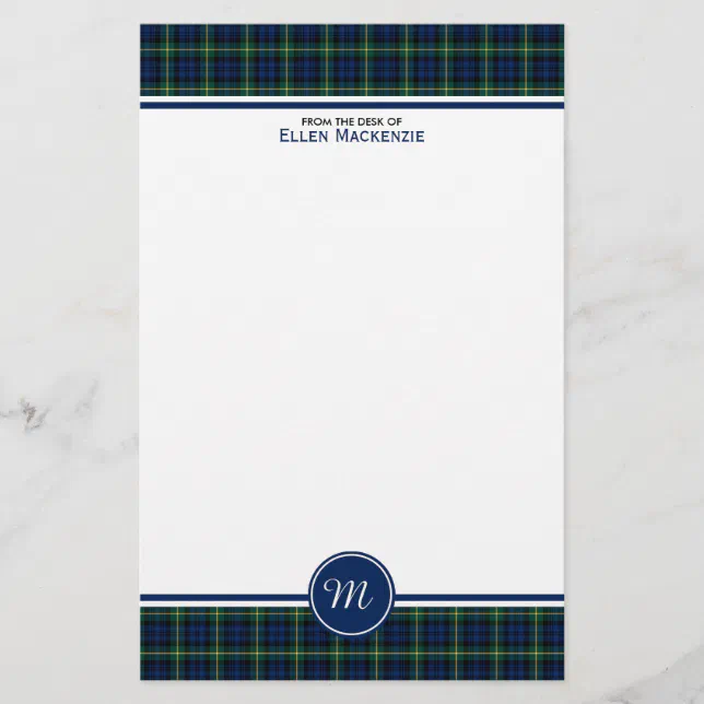 Gordon Clan Dark Blue and Green Tartan Monogram Stationery | Zazzle