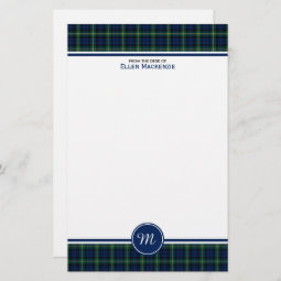 Gordon Clan Dark Blue and Green Tartan Monogram Stationery | Zazzle