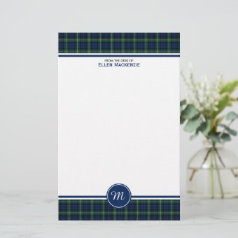 Gordon Clan Dark Blue and Green Tartan Monogram Stationery | Zazzle