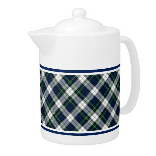 Gordon Clan Dress Tartan Blue and White Plaid Teapot
