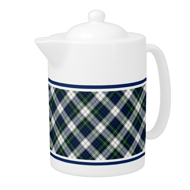 Gordon Clan Dress Tartan Blue and White Plaid Teapot (Right)