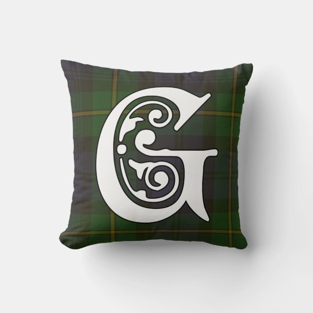 Gordon Clan Tartan Monogram Throw Pillow (Front)