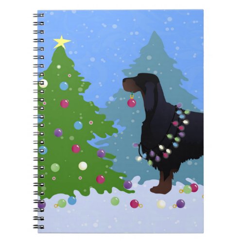 Gordon Setter decorating tree in the For Notebook