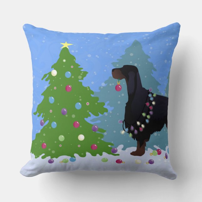 Gordon Setter decorating tree in the For Throw Pillow (Front)