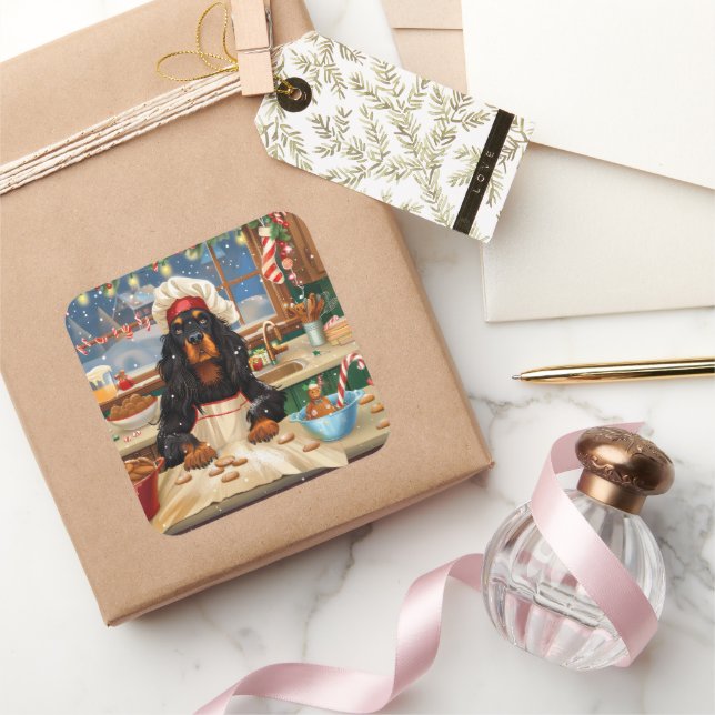 Gordon Setter Holiday Baking: Festive Christmas Square Sticker (Gifting)