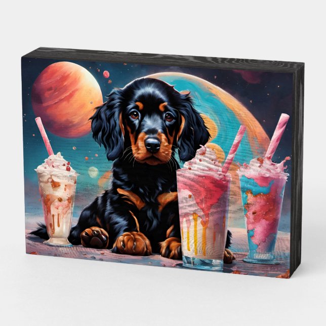Gordon Setter Puppy N Milkshakes Wooden Box Sign (Angled Horizontal)