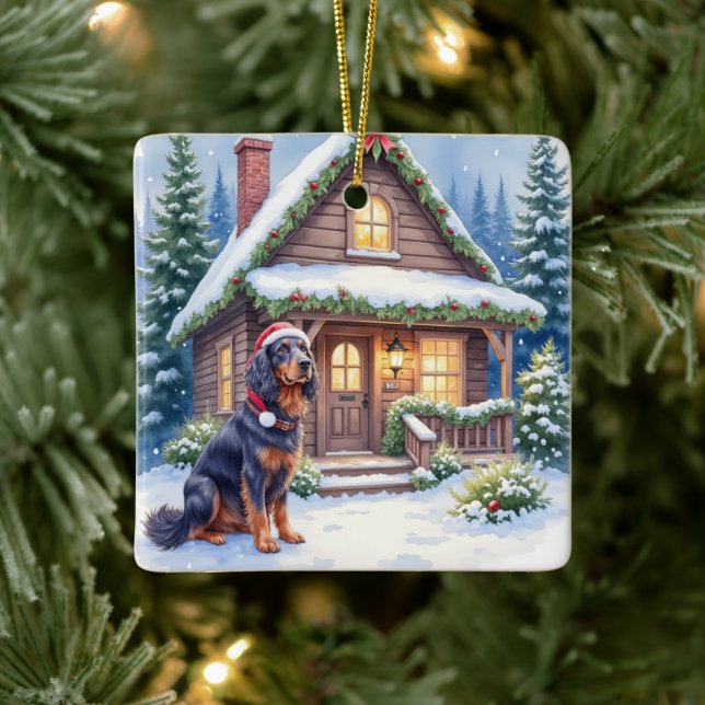 Gordon Setter Snowy Lodge Santa Hat Christmas Art Ceramic Ornament (Tree)