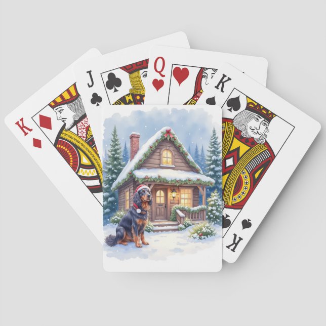 Gordon Setter Snowy Lodge Santa Hat Christmas Art Poker Cards (Back)