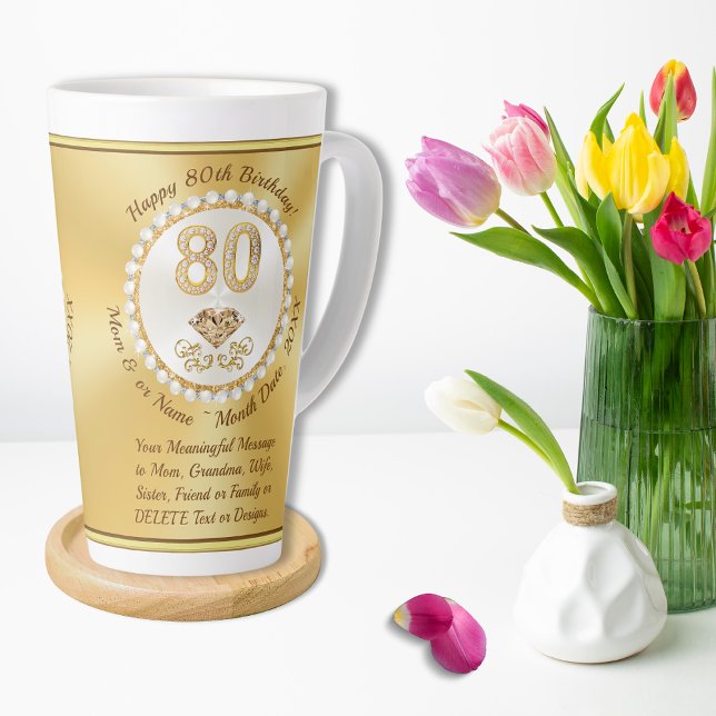 Gorgeous, 80th Birthday Mugs, for Lattes, Coffee Latte Mug (80th birthday mug. 80th birthday coffee mugs. Gift for 80 year old grandmother. 80th birthday gifts.)