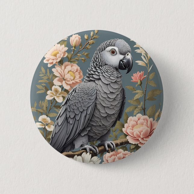 Gorgeous African Grey Parrot With Elegant Florals Button (Front)