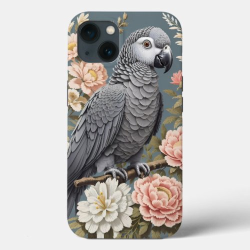 Gorgeous African Grey Parrot With Elegant Florals iPhone 13 Case