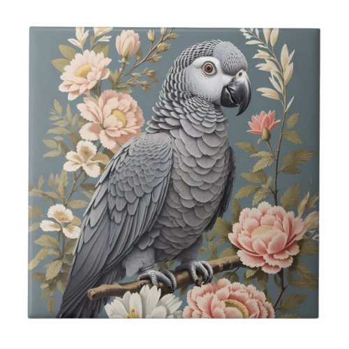 Gorgeous African Grey Parrot With Elegant Florals Ceramic Tile
