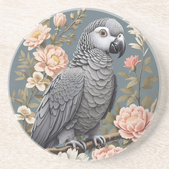 Gorgeous African Grey Parrot With Elegant Florals Coaster (Front)