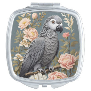 Gorgeous African Grey Parrot With Elegant Florals Compact Mirror