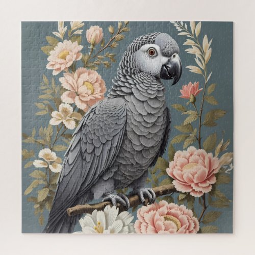 Gorgeous African Grey Parrot With Elegant Florals Jigsaw Puzzle