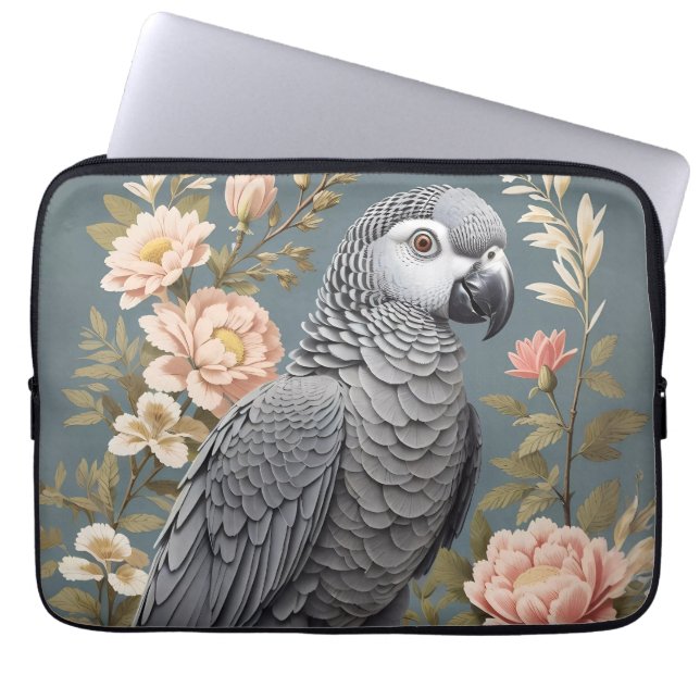 Gorgeous African Grey Parrot With Elegant Florals Laptop Sleeve (Front)