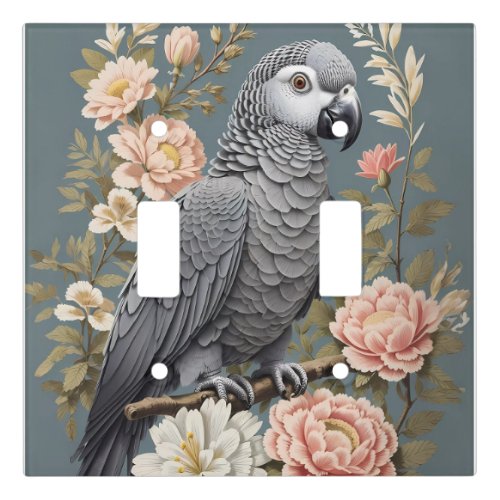 Gorgeous African Grey Parrot With Elegant Florals Light Switch Cover