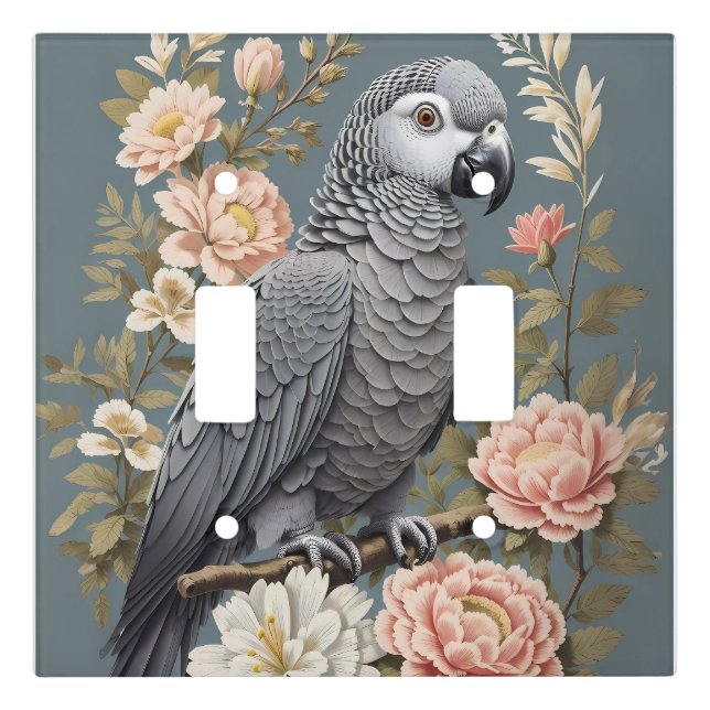 Gorgeous African Grey Parrot With Elegant Florals Light Switch Cover (Front)