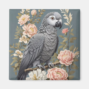 Gorgeous African Grey Parrot With Elegant Florals Magnet