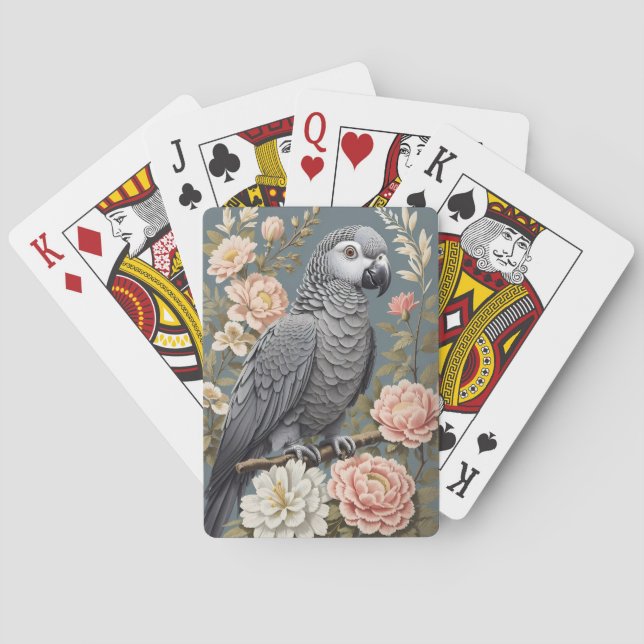 Gorgeous African Grey Parrot With Elegant Florals Poker Cards (Back)