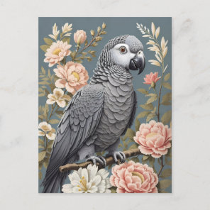 Gorgeous African Grey Parrot With Elegant Florals Postcard