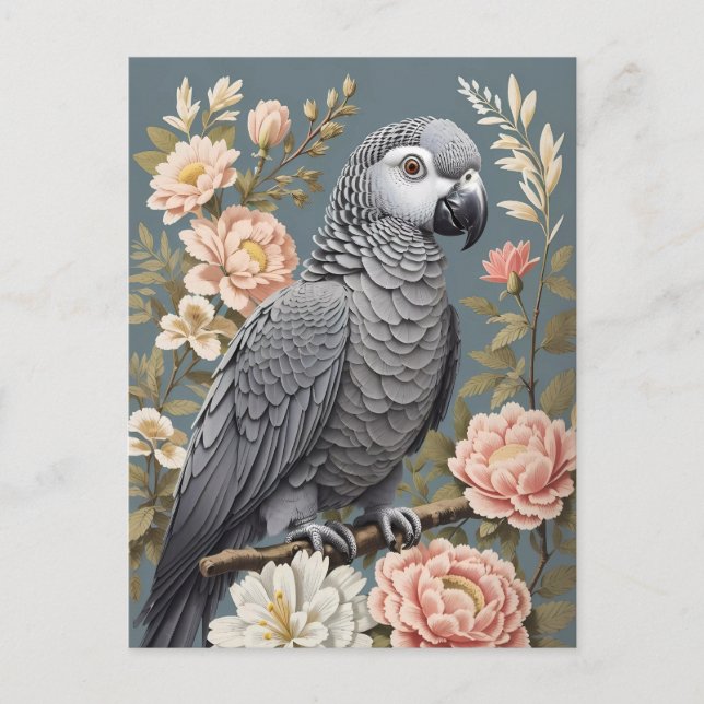 Gorgeous African Grey Parrot With Elegant Florals Postcard (Front)