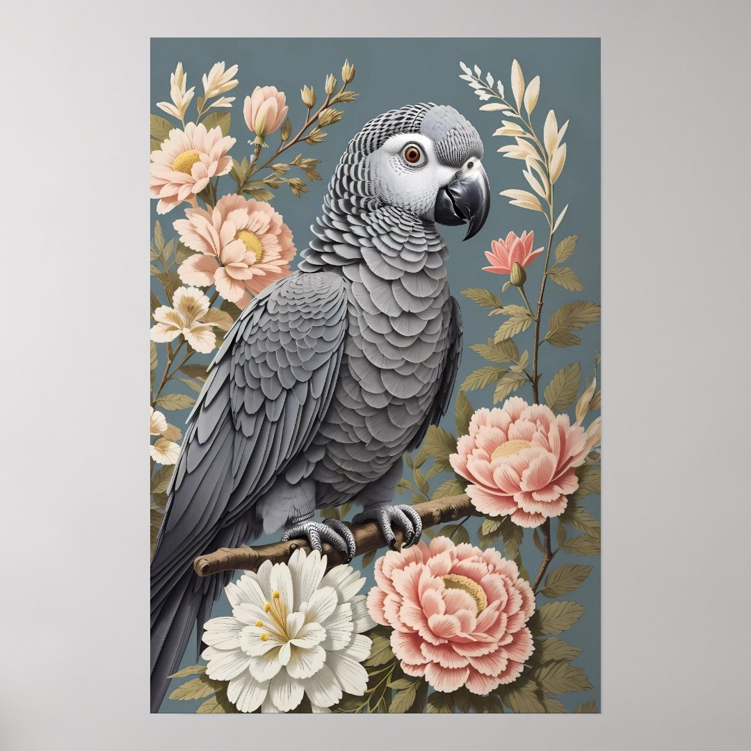 Gorgeous African Grey Parrot With Elegant Florals Poster (Front)