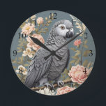 Gorgeous African Grey Parrot With Elegant Florals Round Clock<br><div class="desc">Elevate your wall décor with this "Gorgeous African Grey Parrot With Elegant Florals" Round Clock! This stunning clock features a captivating image of an African Grey parrot surrounded by intricate floral designs, adding a touch of nature's beauty and elegance to your space. Whether you're a bird enthusiast or simply appreciate...</div>