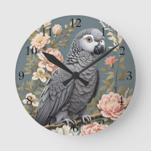 Gorgeous African Grey Parrot With Elegant Florals Round Clock