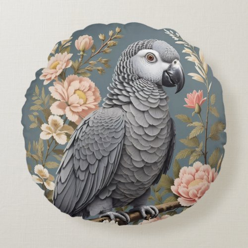 Gorgeous African Grey Parrot With Elegant Florals Round Pillow