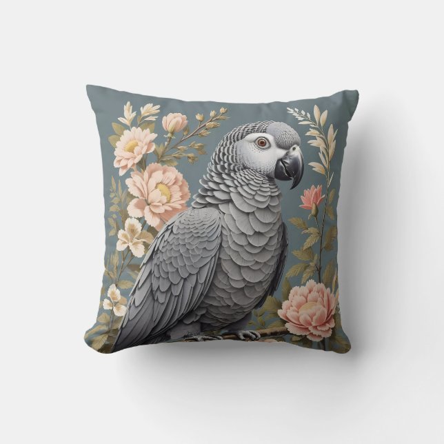 Gorgeous African Grey Parrot With Elegant Florals Throw Pillow (Front)