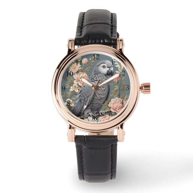 Gorgeous African Grey Parrot With Elegant Florals Watch (Front)