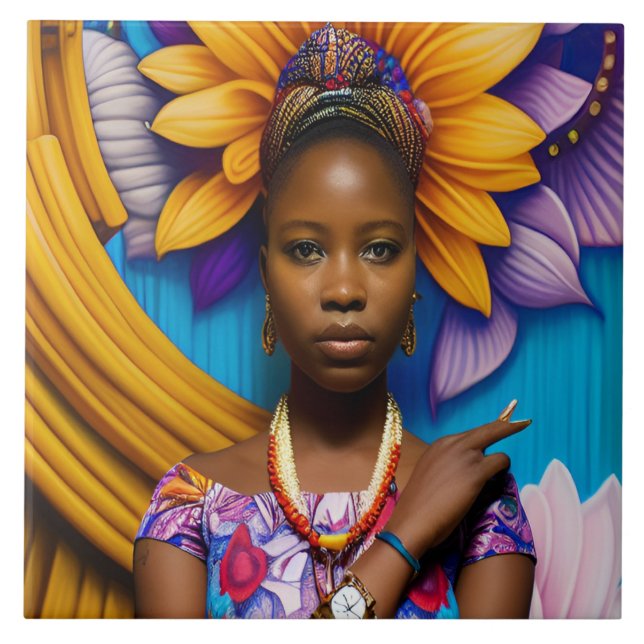 Gorgeous African woman with a watch Ceramic Tile (Front)