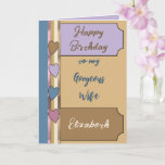 Gorgeous amazing wife brown lilac birthday card<br><div class="desc">Happy Birthday to my gorgeous wife.
Add a name and your message.
Brown,  lilac,  blue and pink,  with love hearts.</div>