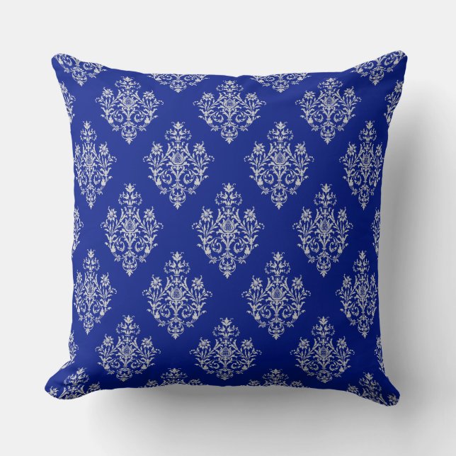 Gorgeous and Stylish Damask Pattern On Cobalt Blue Throw Pillow (Front)