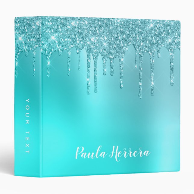 Gorgeous aqua blue mint & turquoise glitter drips 3 ring binder (Front/Spine)