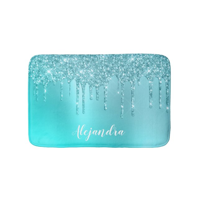 Gorgeous aqua blue mint & turquoise glitter drips bath mat (Front)