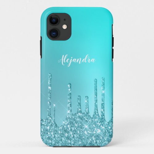 Gorgeous aqua blue mint  turquoise glitter drips iPhone 11 case