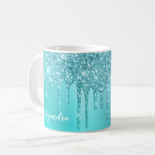 Gorgeous aqua blue mint  turquoise glitter drips coffee mug