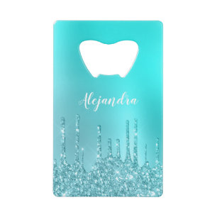 Gorgeous aqua blue mint & turquoise glitter drips credit card bottle opener