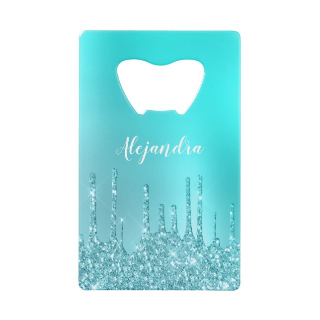 Gorgeous aqua blue mint & turquoise glitter drips credit card bottle opener (Front)