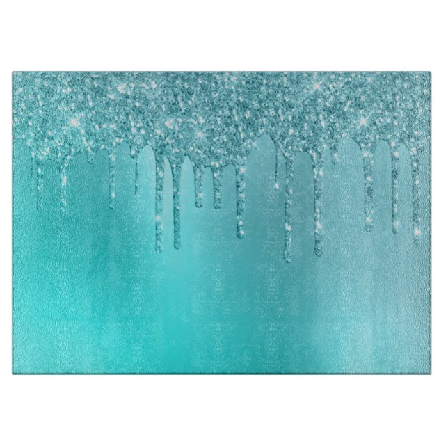 Gorgeous aqua blue mint & turquoise glitter drips cutting board (Front)