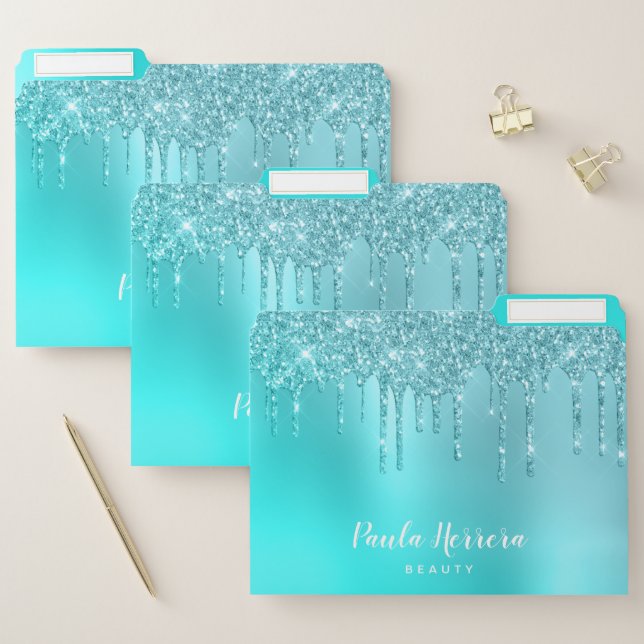 Gorgeous aqua blue mint & turquoise glitter drips file folder (Set)