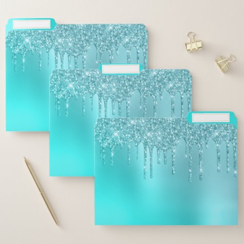 Gorgeous aqua blue mint  turquoise glitter drips file folder