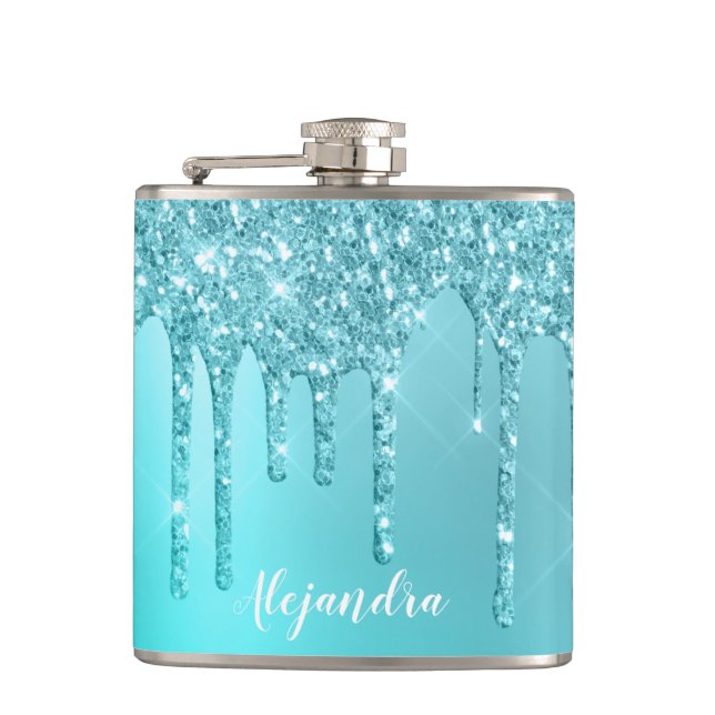 Gorgeous aqua blue mint & turquoise glitter drips flask (Front)