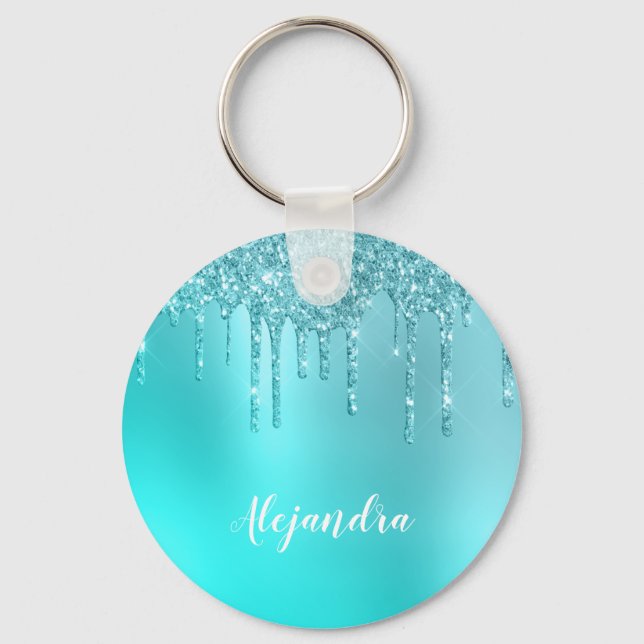 Gorgeous aqua blue mint & turquoise glitter drips keychain (Front)
