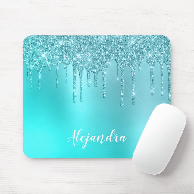 Gorgeous aqua blue mint & turquoise glitter drips mouse pad (With Mouse)