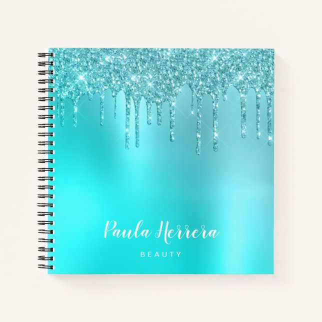 Gorgeous aqua blue mint & turquoise glitter drips notebook (Front)